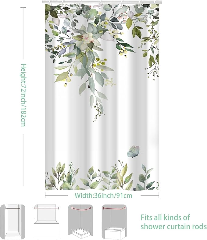 Eucalyptus Shower Curtain, Sage Green Watercolor Leaves with Floral Botanical Bathroom Decor, Waterproof Fabric Bath Curtain Set with Hooks, 36x72 Inches