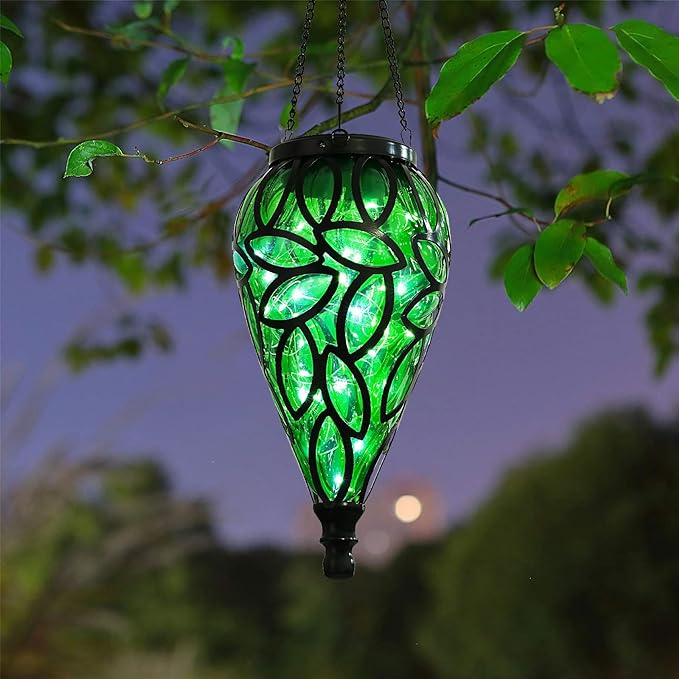 SUNNYPARK Outdoor Plastic Solar Hanging Lantern, 15 Cool White LEDs Twinkle Effect Tear-Shaped Hanging Lantern Decor Garden Decorative Solar Lights for Backyard, Patio and Lawn