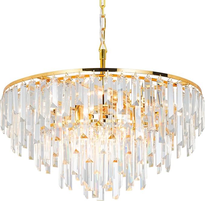Gold Modern Round Top K9 Crystal Chandelier Lighting Fixture, 8 Lights Round K9 Crystal Adjustable Hanging Lamp for Dining Room Bedroom Living Room,Hallway,Bar,Kitchen W24''