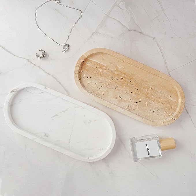 WORHE Italy Natural Travertine Stone Tray for Jewelry, Candles, Perfume, Trinket, Marble Oval Vanity Trays for Bathroom, Dresser, Kitchen, Countertop Storage Organizer for Home Decor Beige (WH028)