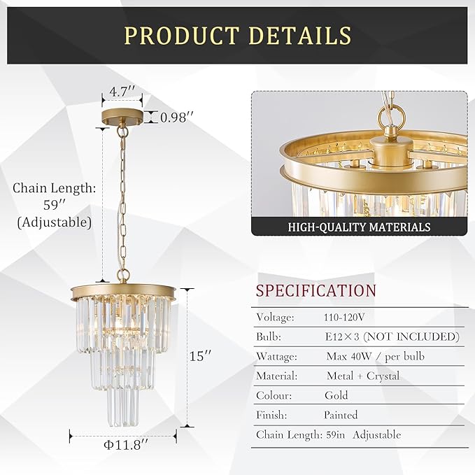 3 Pack Crystal Pendant Light for Kitchen Island, Mini Gold Modern Crystal Light Fixture Luxury for Dining Room, K9 Ceiling Pendant Light 3 Tiers for Hallway Bedroom Closet