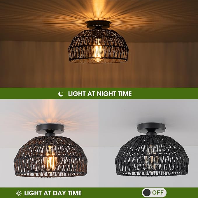 2 Packs Black Boho Light Rattan Ceiling Lighting Fixtures Small Boho Lamp Shade Flush Mount Ceiling Light Hand Woven Chandelier for Entryway Bedroom Kitchen Nursery Lights