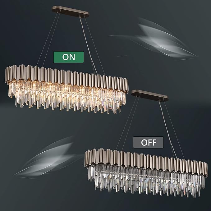 L51.2 Nickel Rectangle Crystal Chandelier for Dining Room Modern Luxury Light Fixture Linear Kitchen Island Contemporary Pendant Ceiling Light Oval Raindrop Chandelier Lighting 19-Light