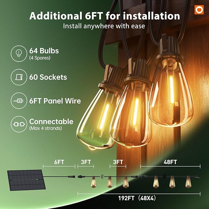 addlon 198FT(192+6) Solar String Lights Outdoor Waterproof - 60+4 LED Shatterproof Bulbs, 3 Modes, 8H Timeable, Dimmable, Outdoor Lights Solar Powered Patio Lights with Remote for Outside Porch Garden
