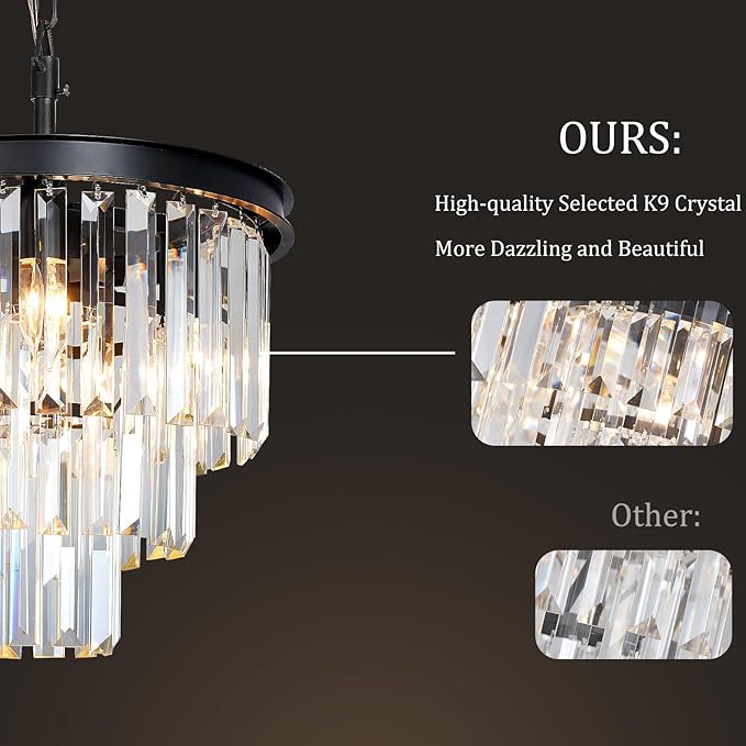 Black Crystal Chandeliers for Dining Room, 3-Tier 4 Lights Modern Chandelier Contemporary Luxury Top K9 Crystal Ceiling Pendant Light Fixture for Foyer Kitchen Bedroom Closet 14"