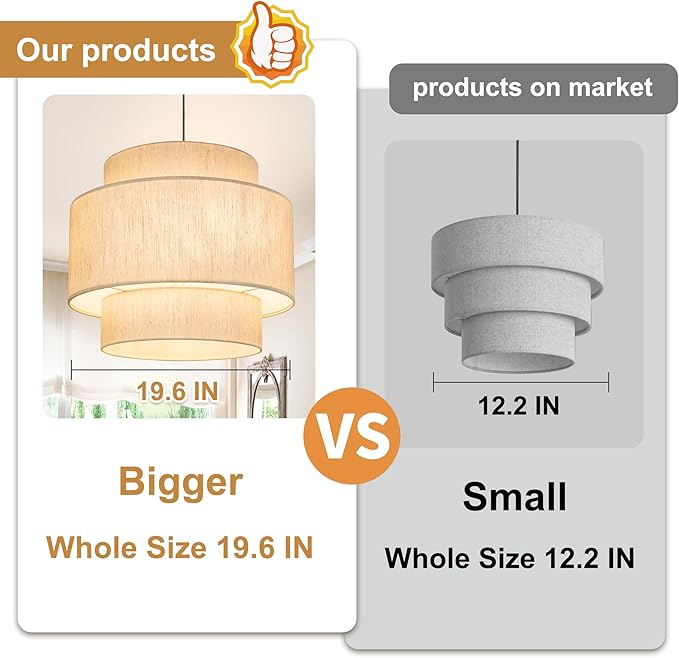 Pendant Lights with Beige Linen Drum Shade Chandelier Hanging Light Fixture 19.7" Pendant Lights Kitchen Island, Large Drum Pendant Light Fixtures 3-Tier Kitchen Chandelier for Entryway Living Room