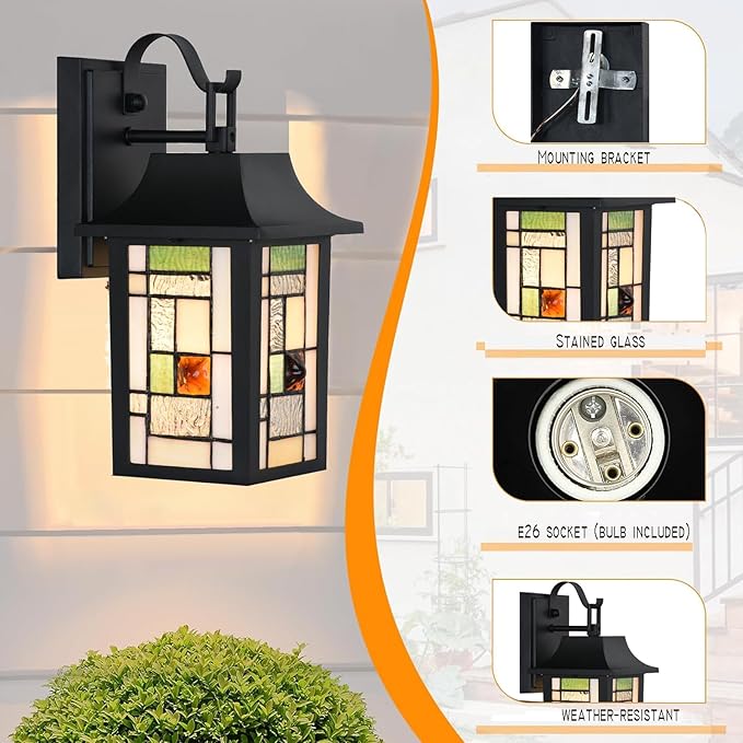 WL0010 Tiffany Style Outdoor Light Fixutres Stained Glass Wall Sconce Exterior Waterproof Wall Lantern Light for Balcony Aisle Hallway W 7X D 6 x H 12 Inches, Bulb Included (Lumigrid)