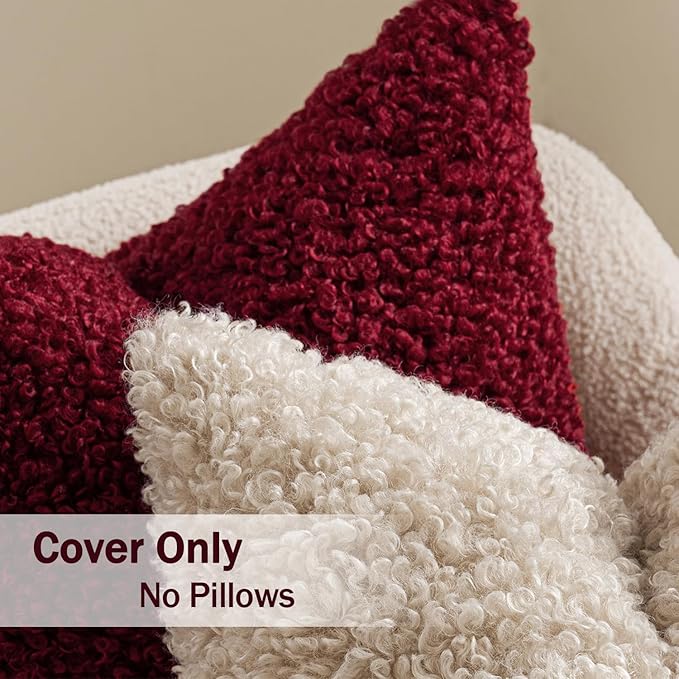 MIULEE Pack of 2 Red Faux Fur Christmas Throw Pillow Covers 18x18 Inch Boucle Decorative Sherpa Pillow Covers Fuzzy Accent Soft Sheepskin Fleece for Boho Home Decor Sofa Living Room Couch Bed