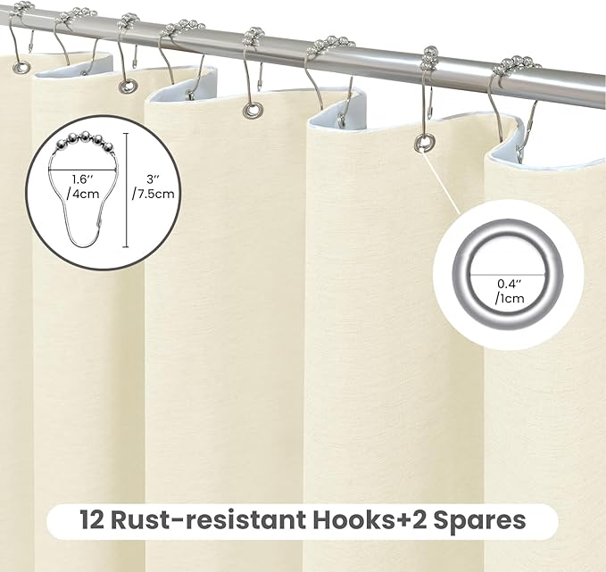 Inhousolu Boho Farmhouse Shower Curtain with Fabric Liner Set, Faux Linen Textured, 14 Metal Hooks Luxury Weighted Hem, Washable Wrinkle Free Bath Curtain for Hotel Bathroom 72" W x 78" L Ivory