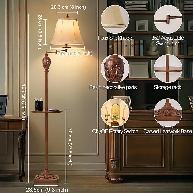 Traditional LED Floor Lamp with 350° Adjustable Swing Arm Lamp – Vintage Standing Pole lamp for Living Room, Bedroom and Office – Rustic Upright Floor Light for Home Décor with Faux Silk Fabric Shade