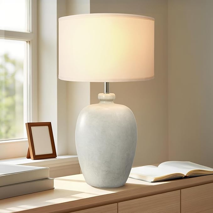 WJShome 27" Farmhouse Ceramic Table Lamp with Unique Ice Pattern Effect and White Linen Shade - Perfect for Bedroom, Living Room, Dining, and Office! (Bulb Not Included)