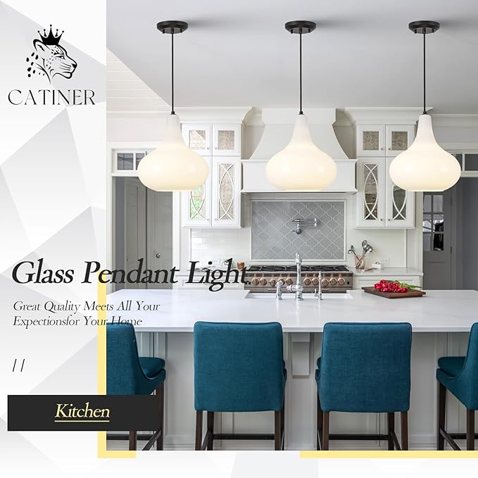 11" Milk White Glass Pendant Light, Blown Glass Hanging Ceiling Light Fixture with Black Finish, Large Vintage Modern Pendant Lamp for Kitchen Island, Sink, Hallway, Living Room