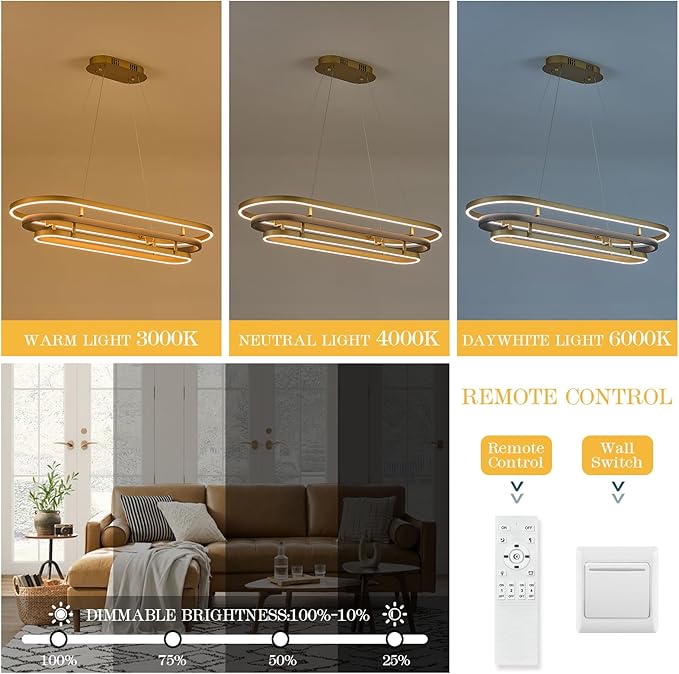 3 Ring LED Chandelier Black Gold Rectangular Chandeliers 39in Modern Oval Dining Room Chandeliers Over Table 70W Dimmable Rectangle Chandelier Light for Kitchen Island Study Room Home Office