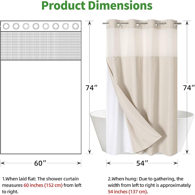 Stall No Hooks Needed Linen Textured Shower Curtain with Snap-in Fabric Liner Set,Hotel Luxury Decor Shower Curtains for Bathroom,Waterproof & Washable,60Wx74H,Cream