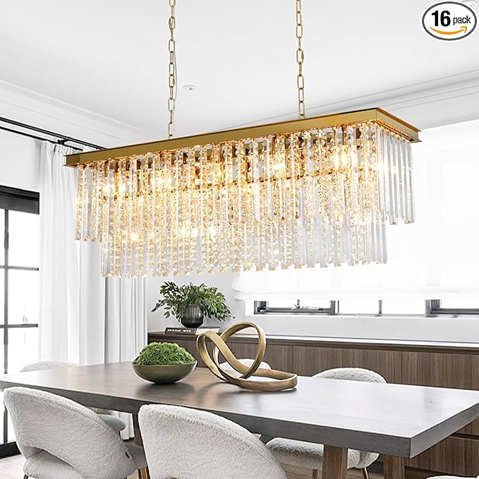 Modern Gold Crystal Chandelier, 39" Rectangle Oval Linear Pendant Light Fixture for Dining Room, Kitchen Island, Living Room, Bar