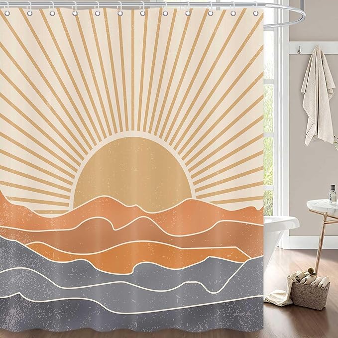 Boho Shower Curtains for Bathroom Abstract Sun Mountain Mid Century Minimalist Bathroom Shower Curtains Set Waterproof Polyester Fabric Rustic Vintage Decorative 72x72 Inch