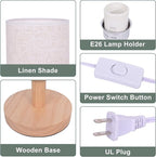 Small Table Lamp Mini Bedside Night Light Wooden Simple Desk Nightstand Lighting with Linen Shade for Bedroom, Living Room, Kids Room (Including LED Bulb) (Round)