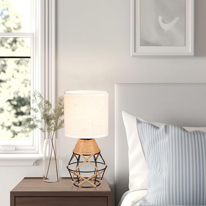 Hamilyeah Boho Table Lamps, Woven Table Lamp for Nightstand with On/Off Switch, Farmhouse Beside Lamp for Bedroom, Industrial Table Lamp for Living Room