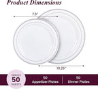 Aya's 100 Silver Rimmed Disposable Dinner and Dessert Plates Set - 50 Large and 50 Small Heavy Duty Plastic Plates - Elegant Design for Weddings, Parties, Events - Durable and Stylish
