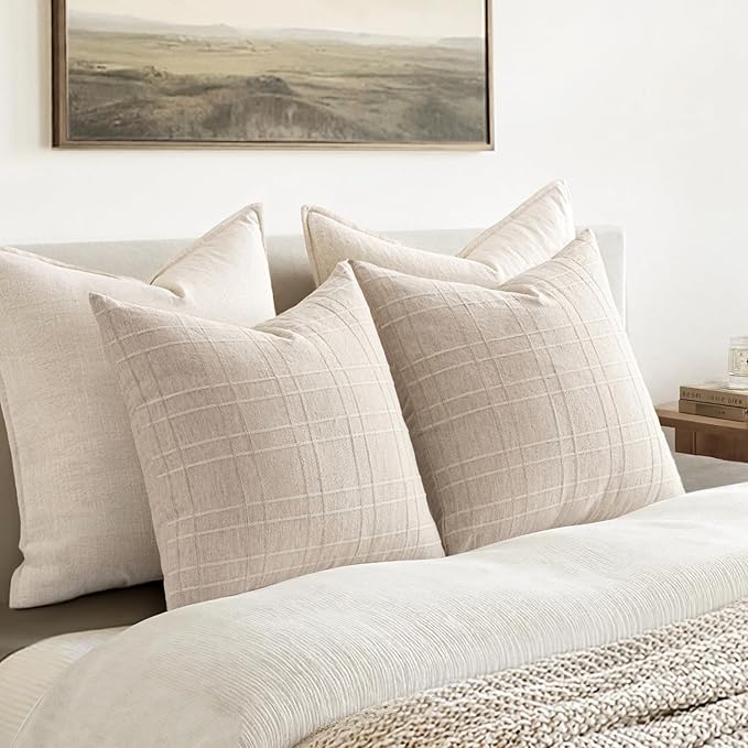 MIULEE Decorative Linen Check Throw Pillow Covers Neutral Farmhouse Vintage Christmas Pillow Covers 18x18 Set of 2 Boho Modern Home Decor for Sofa Couch Bedroom Cushion Natural Beige