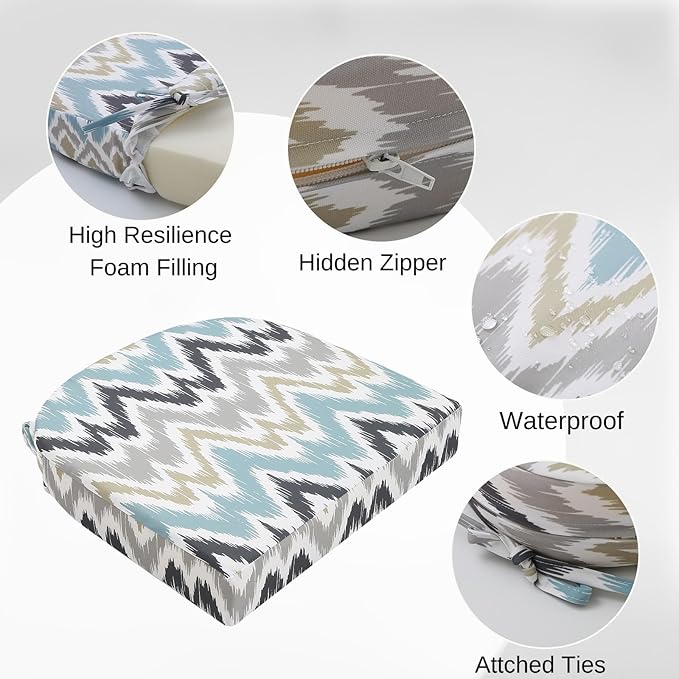 idee-home Outdoor Chair Cushions Set of 4, Thick 19" x 19" x 3" Outdoor Seat Cushions Patio Furniture Waterproof with Ties, Dining Pads
