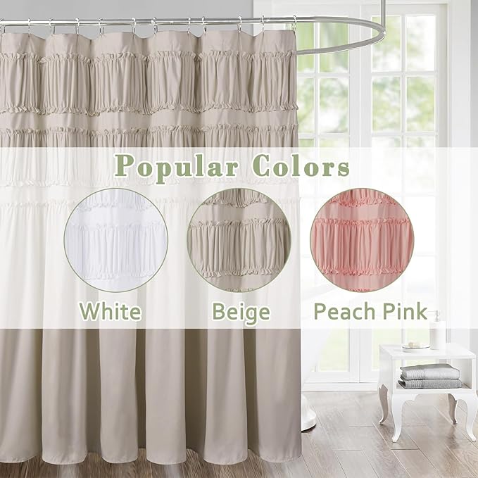 Ruched Ruffled Shower Curtain 72" W x 72" H, Beige Microfiber Rustic Decorative Bath Curtain for Bathroom, Farmhouse and Boho Bathroom Décor, Machine Washable (LQ-38)