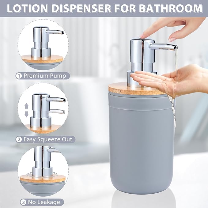 iMucci Bathroom Accessories Set 5Piece Grey Bathroom Sets, Toothbrush Holder, Toothbrush Cup, Lotion Soap Dispenser, Soap Dish and Qtip Holder Bathroom Decor