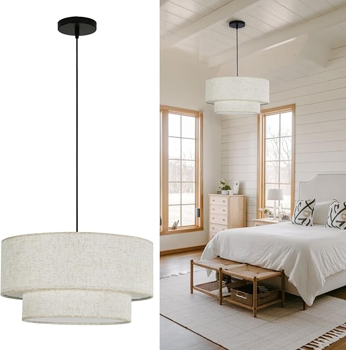Linen Drum Pendant Light, 18” Double Drum Dining Room Light Fixture with Linen Lampshade, 3-Light Drum Chandeliers for Dining Room E26 Bulb Base