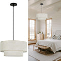 Linen Drum Pendant Light, 18” Double Drum Dining Room Light Fixture with Linen Lampshade, 3-Light Drum Chandeliers for Dining Room E26 Bulb Base