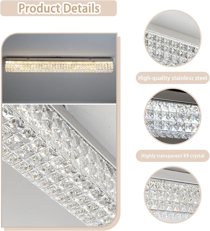 L48 Rectangular Chandelier Flush Mount Rectangle Chandelier Modern K9 Crystal Chandeliers Light Fixture for Dining Room Bedroom Bar Silver Crystal Ceiling Lights