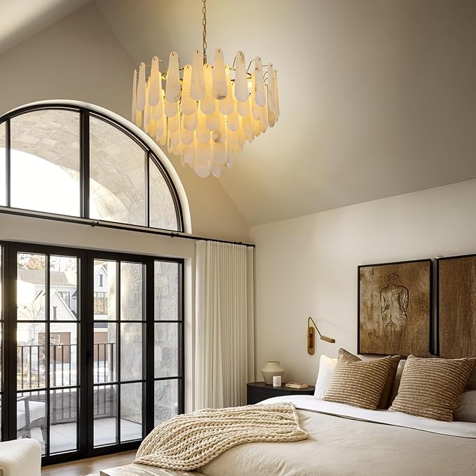 Alabaster Round Chandelier, 32 In 92 PCS Natural Spanish Marble Stone Texture Chandelier, 6-Tiers Modern Luxury Brass Chandeliers for Dining Room, Living Room, Bedroom, Entryway, Foyer(Bulbs Included)