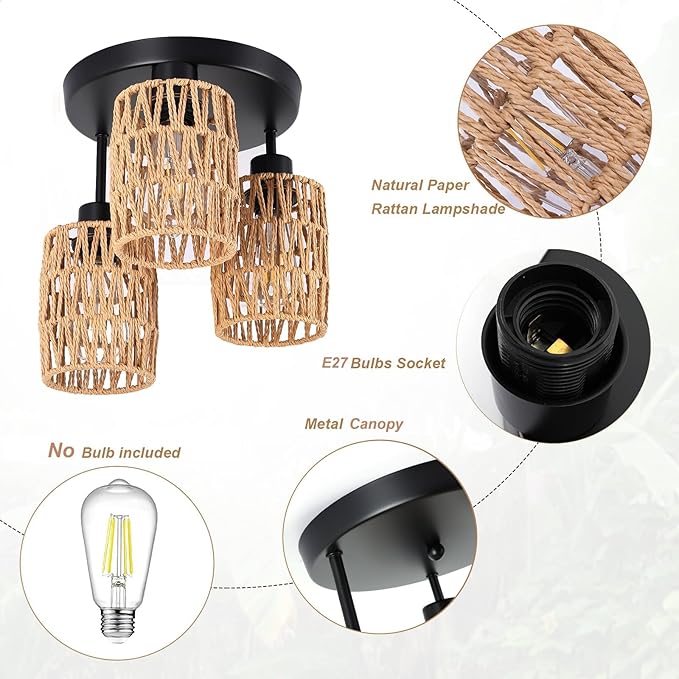Boho Rattan Ceiling Light Fixture, Mini Rattan Chandelier Lighting Fixture, Hand Woven Ceiling Light Fixtures for Hallway Bedroom Kitchen Entryway Living Room (Brown)