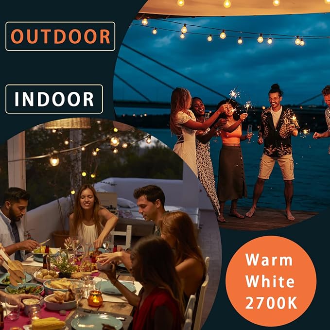 Kawaya Outdoor String Lights 100 FT LED Patio Light with 50+2 Shatterproof Edison Globe Bulbs - IP65 Waterproof Dimmable Hanging Lights - 2700K Warm White Lighting for Outside Porch Deck Bistro Cafe