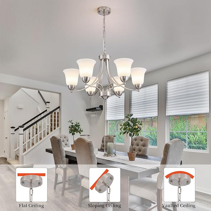 6 Lights Brushed Nickel Dining Room Light Fixture Farmhouse Modern Chandelier Pendant Light Silver Adjustable Ceiling Hanging Lighting with Frosted Glass for Kitchen Island Living Room Foyer