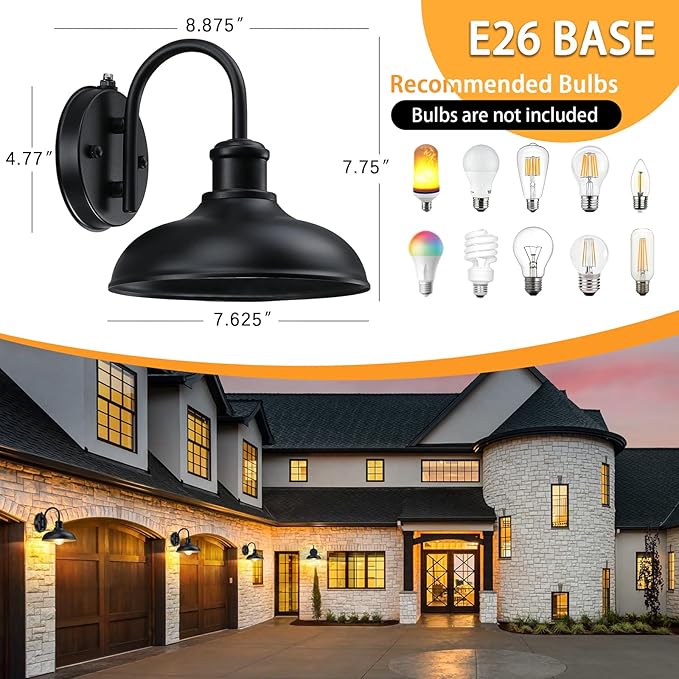 Dusk to Dawn Gooseneck Outdoor Light Fixtures, 2-Pack Farmhouse Barn Lights for Porch, Industrial Black Exterior Wall Sconce for Garage, Patio, E26 Base Anti-Rust for Garage Frontdoor Entryway Doorway