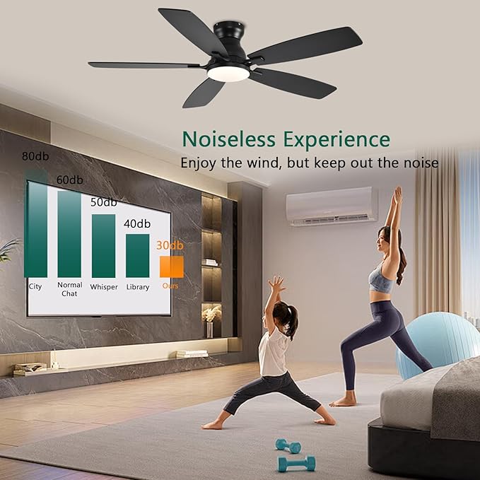 52inch Flush Mount Ceiling Fans with Lights and Remote Control/APP Control, DC Reversible Motor, Noiseless, Dimmable, Low Profile Black Ceiling Fan for Bedroom Indoor/Outdoor Use