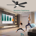 52inch Flush Mount Ceiling Fans with Lights and Remote Control/APP Control, DC Reversible Motor, Noiseless, Dimmable, Low Profile Black Ceiling Fan for Bedroom Indoor/Outdoor Use