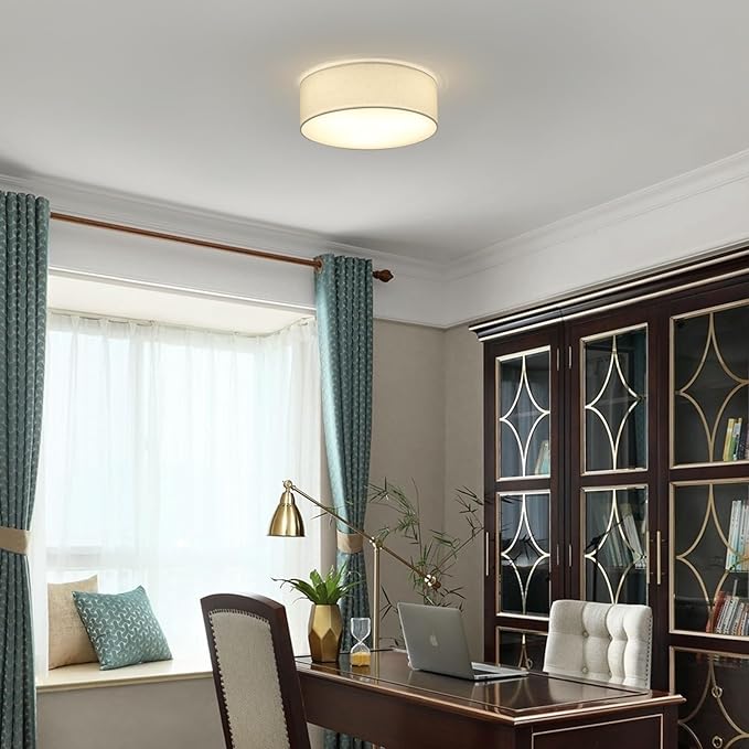 3-Light Ceiling Light Fixture, 13" Drum Flush Mount Ceiling Light, Modern Close to Ceiling Lights with Fabric Linen Shade for Hallway Bedroom Kitchen Dining Living Room