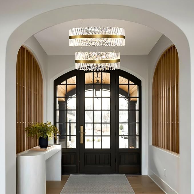 Modern Crystal Chandeliers, Double Tier 40"+32" Large High Ceiling Chandelier. Elegant Crystal Chandelier Hangs from The Ceiling of The Living Room, Stairwell, and Foyer.