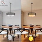 19" Rattan Chandelier with Linen Vintage Farmhouse Boho Hand Woven Bamboo Chandelier Light Fixture Modern Drum Wicker Rattan Black Chandeliers for Dining Room, Entryway, Bedroom, Foyer