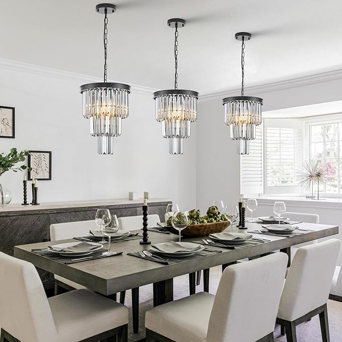 Black 3 Tiers Crystal Pendant Light, 3 Pack Mini Smoke Gray K9 Crystal Chandelier Modern Pendant Light Fixture for Kitchen Island Dining Room Hallway Bedroom Closet
