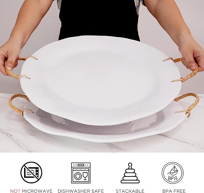 TP 19" Large Serving Tray with Rattan Handle, Melamine Round Serving Platters, Decorative Trays for Kitchen, Parties, Entertaining, Set of 2