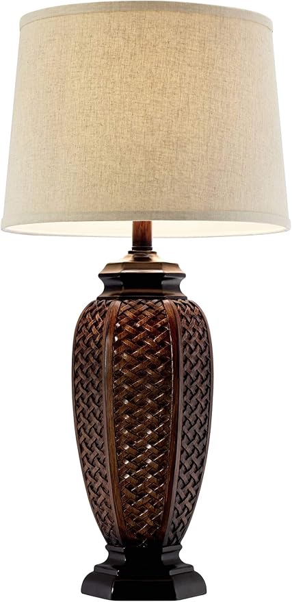 Regency Hill Country Cottage Tropical Natural Table Lamp 29" Tall Brown Woven Wicker Pattern Beige Linen Drum Shade Decor for Living Room Bedroom House Home Dining Office Reading Entryway