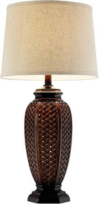Regency Hill Tropical Natural Cottage Jar Table Lamps 29" Tall Set of 2 Weathered Brown Woven Wicker Beige Linen Fabric Drum Shade Decor for Living Room Bedroom House Bedside Nightstand Home