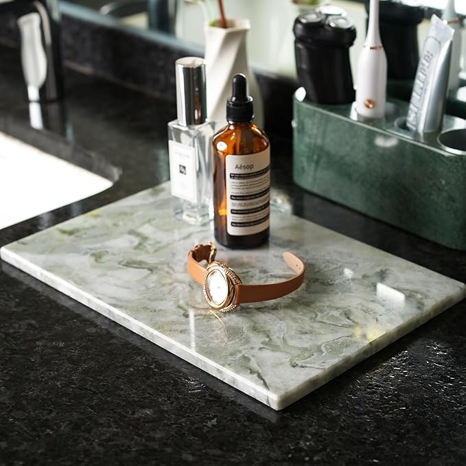 Koville Green Marble Cutting Board for Kitchen Countertop, 12" x 8" Real Marble Pastry Board Stone Slab Stone Cheese Boards for Home Decor, Bathroom Perfume Tray Candle Plate(Bianco Palomino)