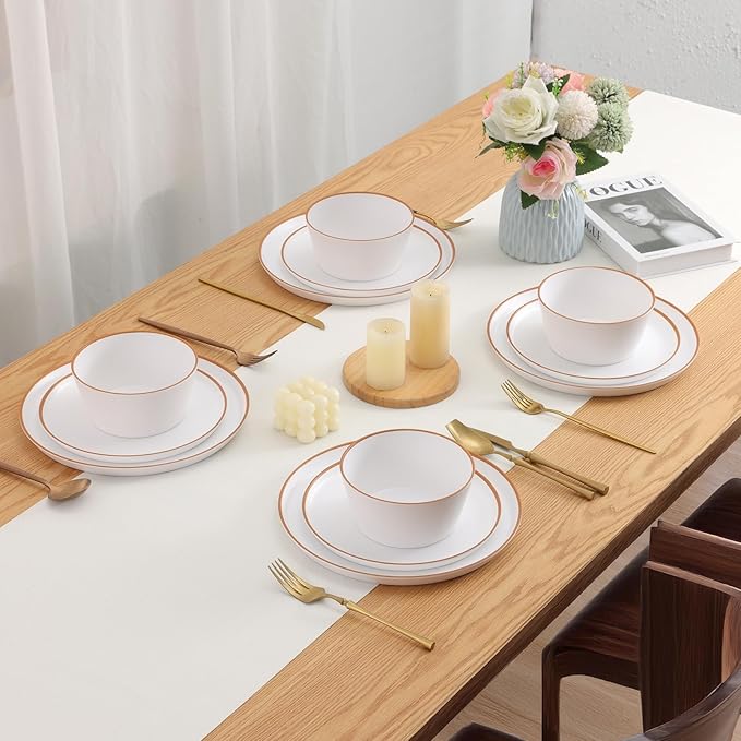 Melamine Dinnerware for 4, 12 Pieces Unbreakable Matte Plastic Plates and Bowls set, Kitchen Dish set BPA Free, Dishwasher Top Safe, Not Microwave, Not Oven (White)