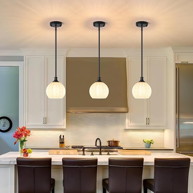 Milk Glass Pendant Lights Kitchen Island 2 Pack, 7.3" Black Modern Pendant Light Fixtures with Rods, Globe Hanging Lighting for Kitchen Sink Bathroom Dining Room, E26 Base
