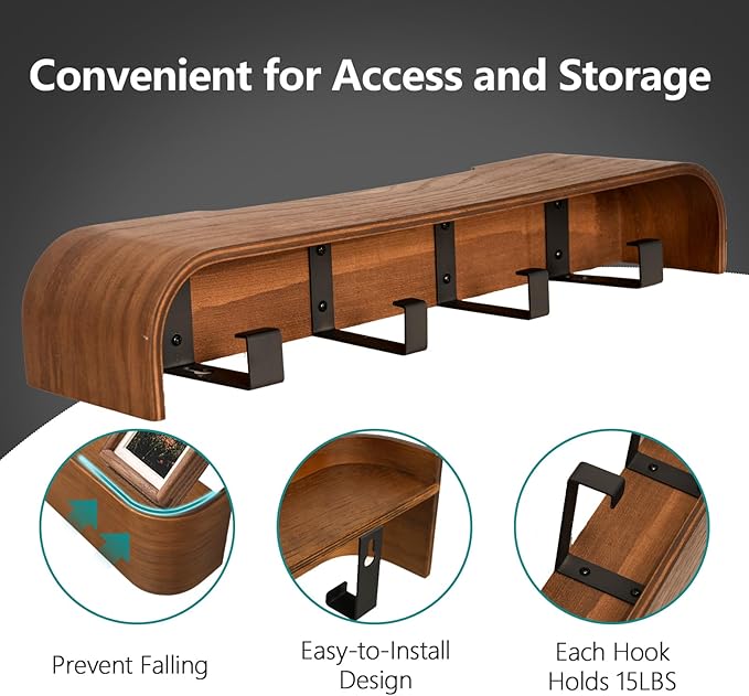 Coat Rack Wall Mount with Hidden Hooks Entryway Hanging Shelf Modern Wood Coat Hanger for Bedroom Kitchen Hallway Bathroom (Walnut, 16.6 Inch Long)