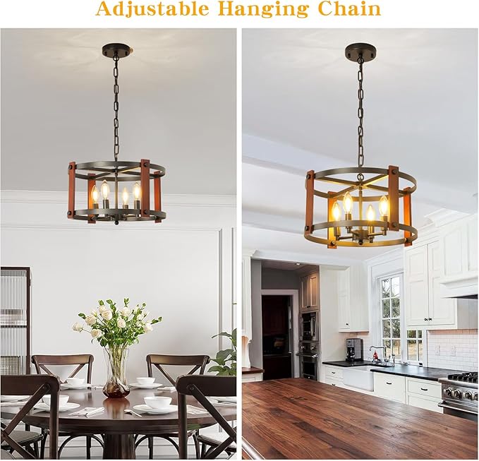 Farmhouse Wood Chandelier,18 Inch Black Modern Rustic Vintage Hanging Pendant Ceiling Light Fixture for Dining Room Bedroom Kitchen Island Hallway Foyer Entryway（4 Light