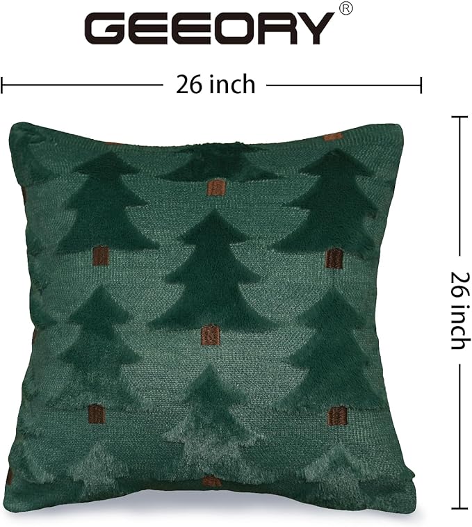 GEEORY Christmas Pillow Covers 26x26 Inch Set of 2, Christmas Decorations Xmas Tree Soft Plush Fluffy Faux Fur Decorative Throw Pillows Farmhouse Winter Cushion Case Green Brown GC033-26